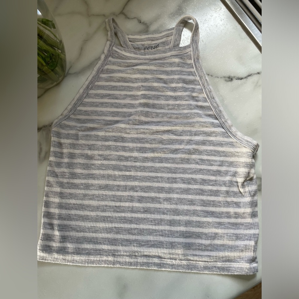 Aerie Stretchy Grey & White Banded Crop Top